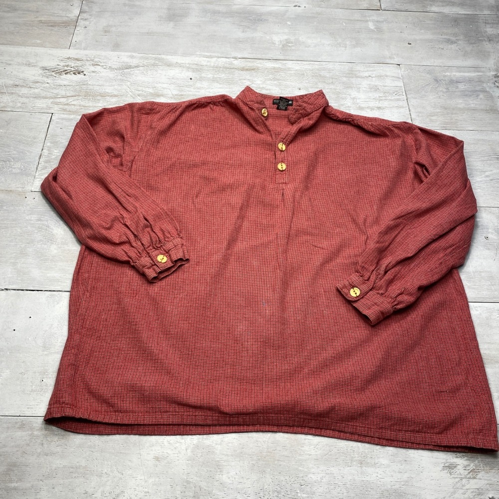 The J Peterman Company Henley Shirt Mens XL Red Micro Check Band Collar Cotton